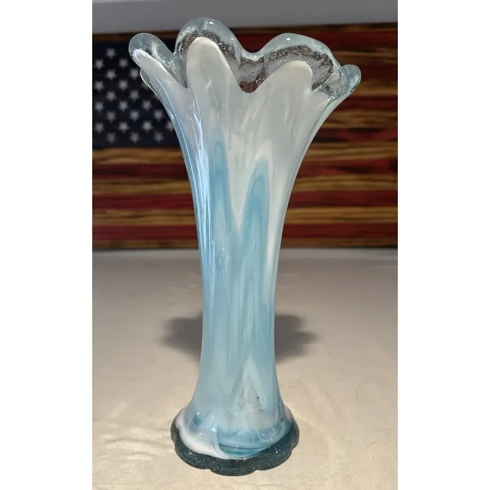 VINTAGE Murano Style BLUE WHITE SWUNG GLASS VASE WITH RUFFLED TOP VASE 10.5